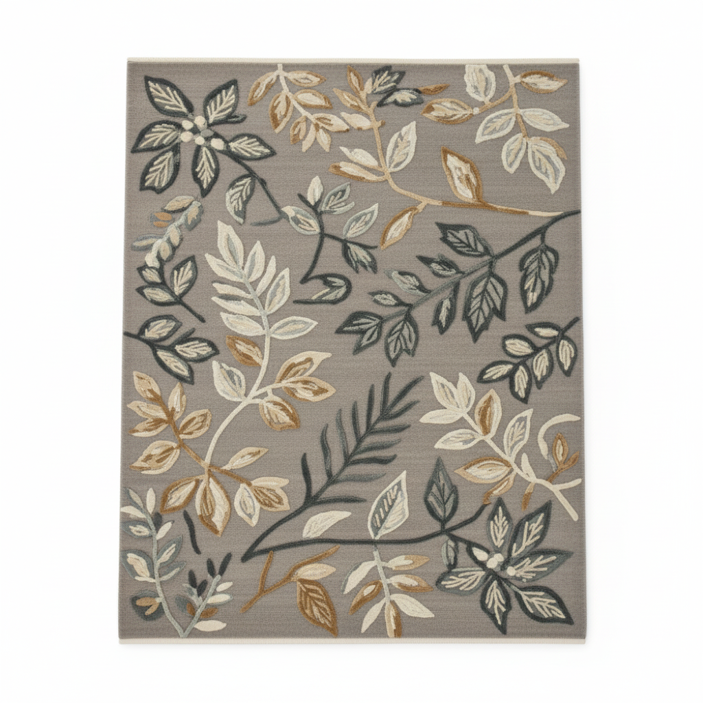 Botanical Harmony HandTufted Woollen Rug | Earthy Grey with Leaf Motifs