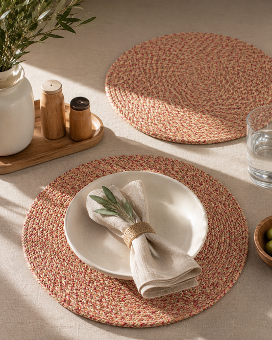 Handwoven Cotton & Jute Round Place Mat | Braided Multicolour Table Mat | Rust Red & Natural | Boho Farmhouse Dining Décor | Set of 2
