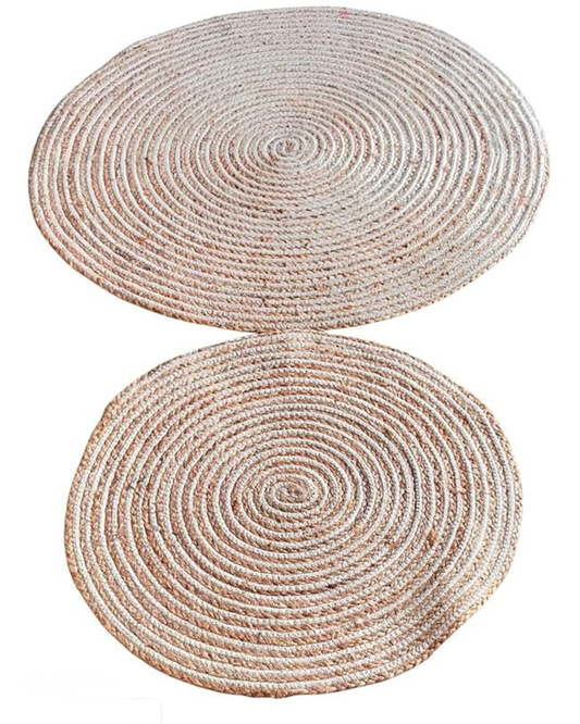 Handwoven Cotton & Jute Round Place Mat | Ivory White Spiral Table Mat | Boho Scandi Dining Décor | Set of 2