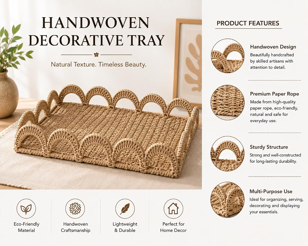 Woven Scalloped Storage Tray – Handwoven Paper Rope Decorative Basket (Set of 3)