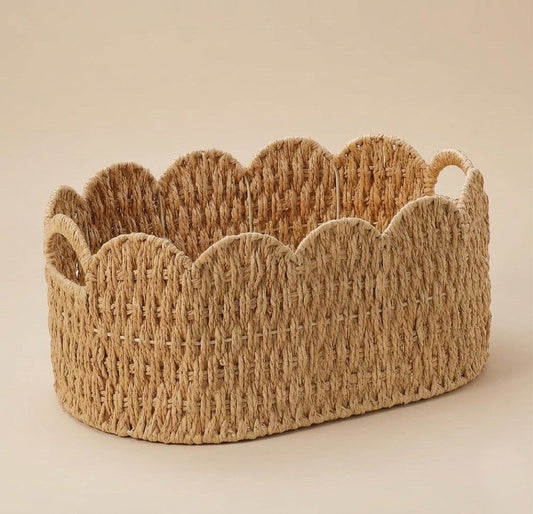 Scalloped Wicker Storage Baskets – Set of 2 Woven Storage Baskets with Handles