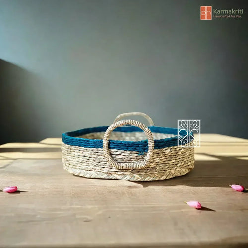 Seagrass Storage Basket with handles and natural colour with borders of turquoise blue 