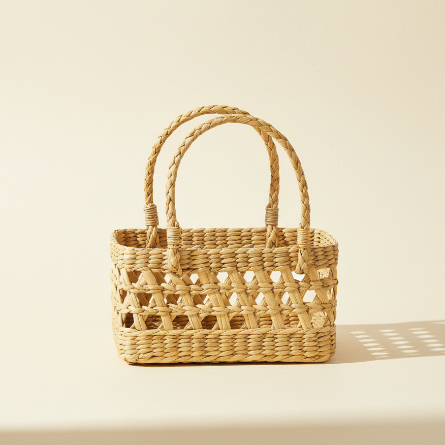 Handwoven natural light brown storage basket with mesh design kept in a plain background