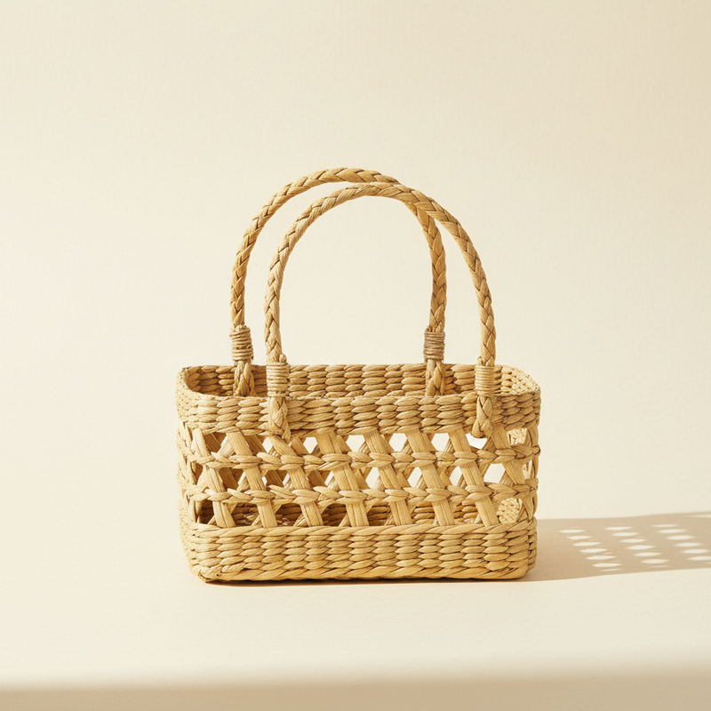 Handwoven natural light brown storage basket with mesh design kept in a plain background