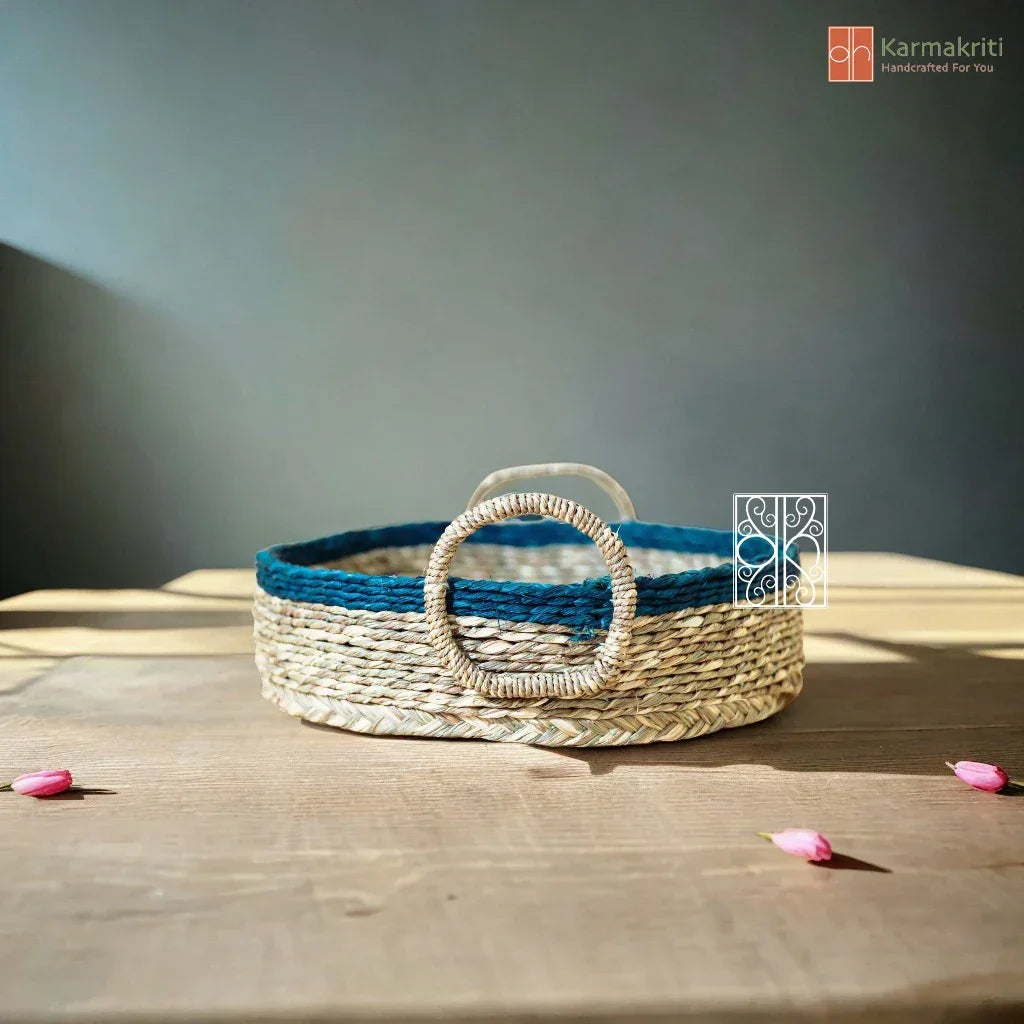 White and Blue open wicker Basket
