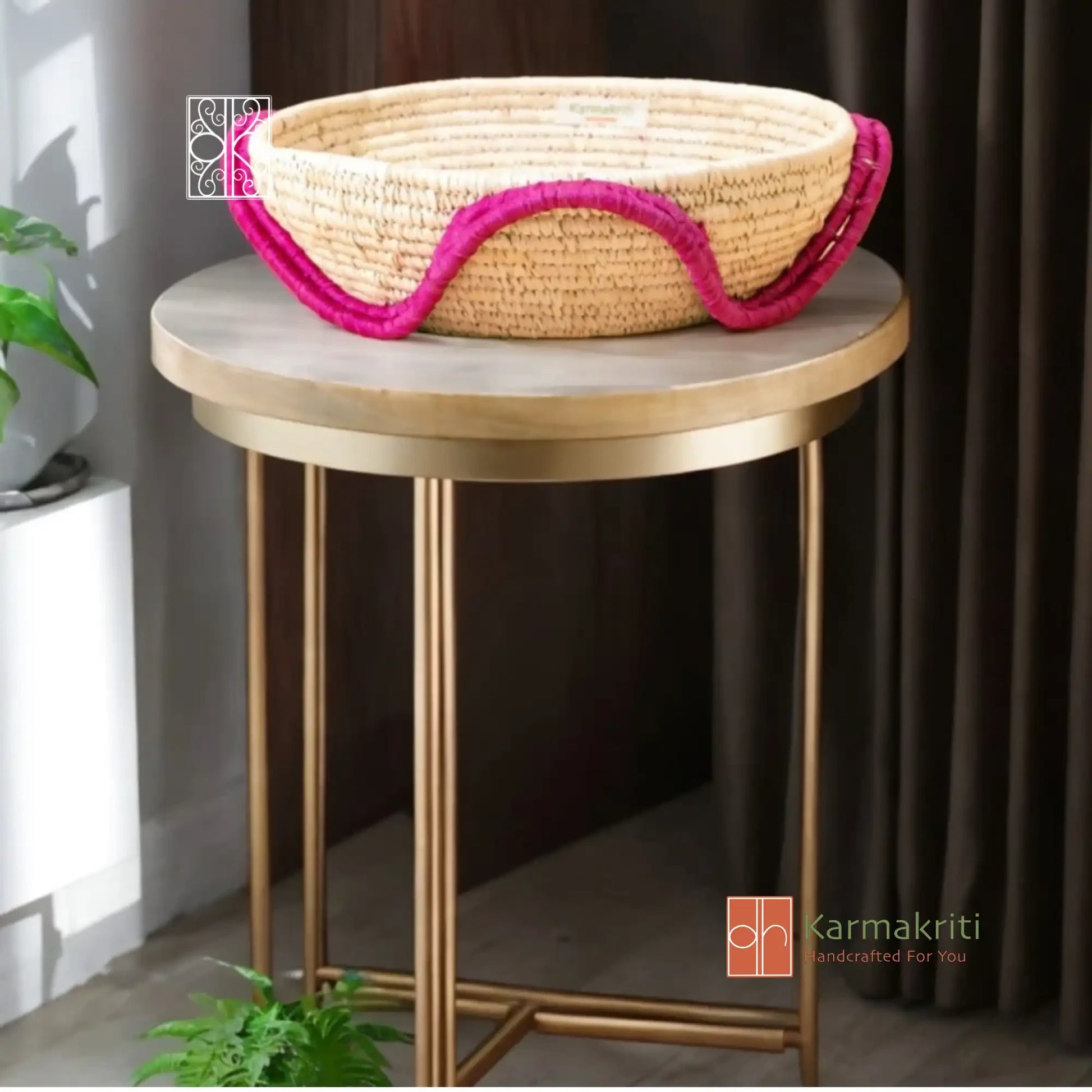 Buy Round wicker Coffee Table Organizer - Pink and natural