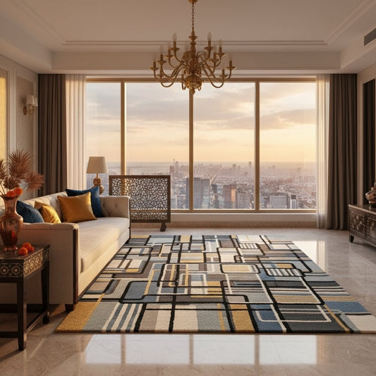 Geometric Handtufted Woollen Rug | Blue & Mustard Modern Pattern