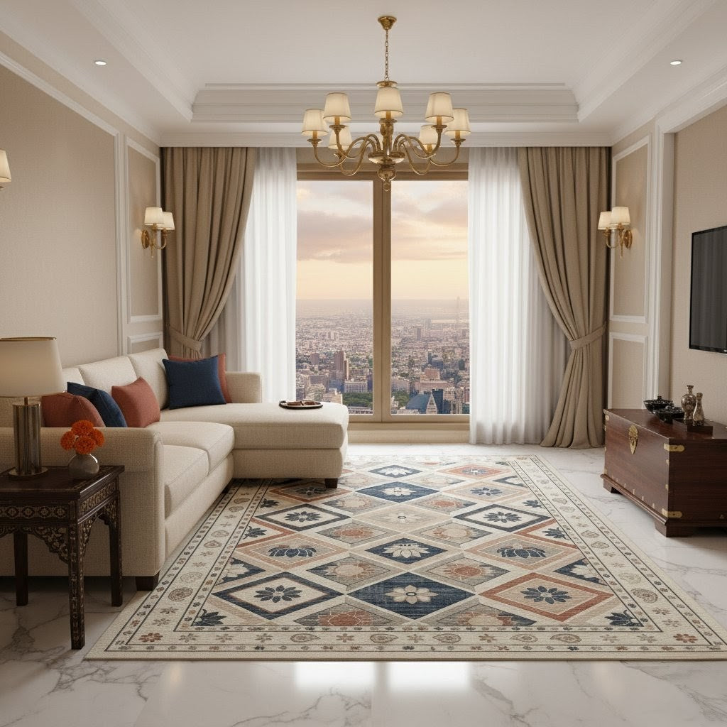 Vintage Floral Handtufted Woollen Rug | Beige, Blue & Terracotta