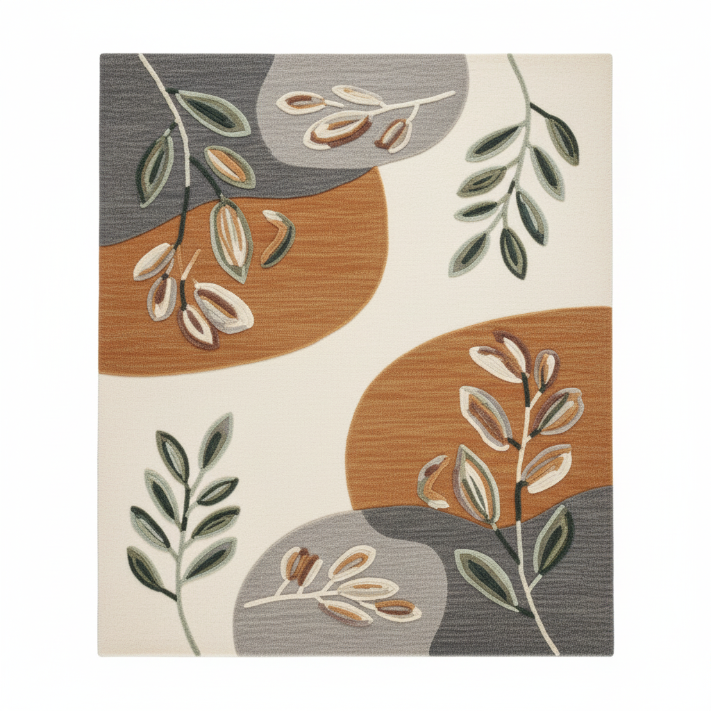 Botanical Handtufted Woollen Rug | Cream, Orange, Charcoal and Green