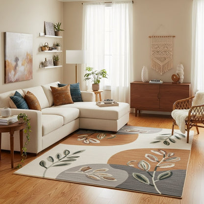 Botanical Handtufted Woollen Rug | Cream, Orange, Charcoal and Green