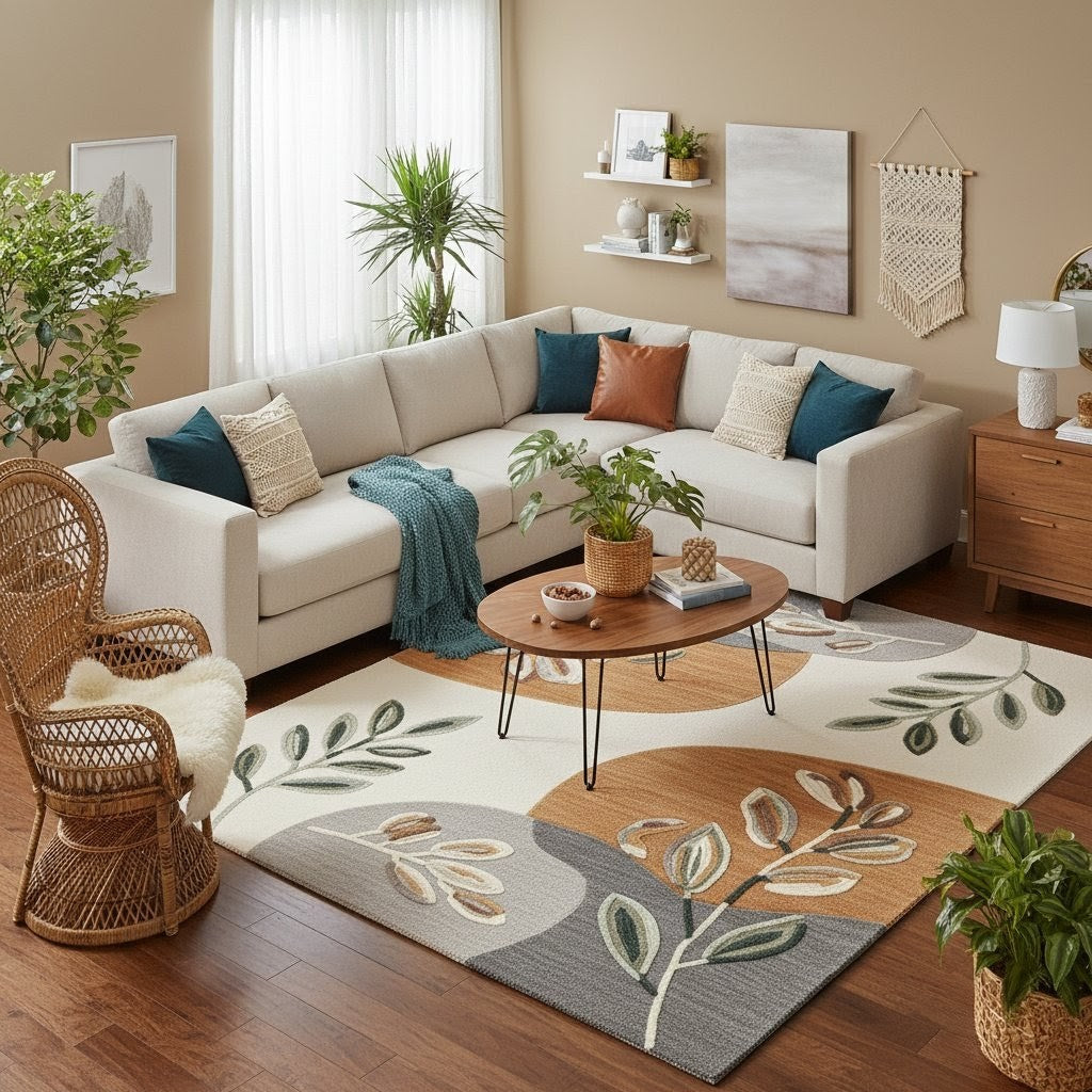 Botanical Handtufted Woollen Rug | Cream, Orange, Charcoal and Green