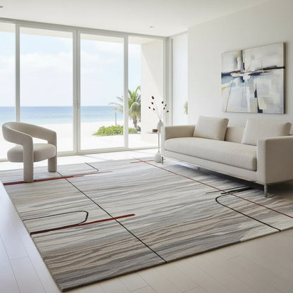 Modern Lines Handwoven Rug – Beige, Grey & Red