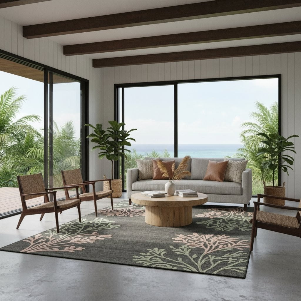 Coral Bloom Handwoven Rug – Charcoal Grey with Blush & Sage Accents