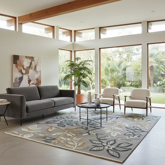 Botanical Harmony HandTufted Woollen Rug | Earthy Grey with Leaf Motifs