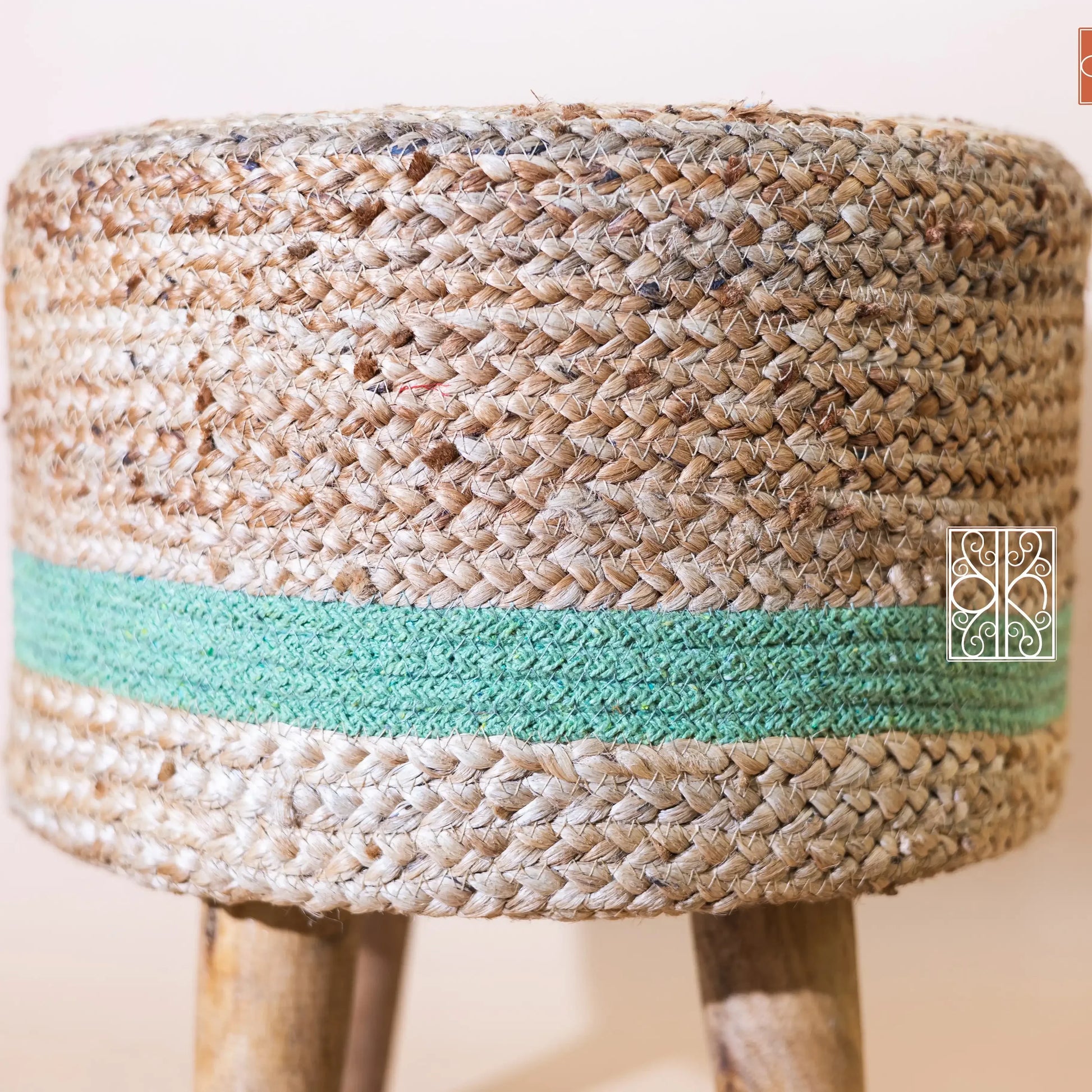 Jute pouffe | Jute stool | Ottoman stool | Aquamarine - Karmakriti India