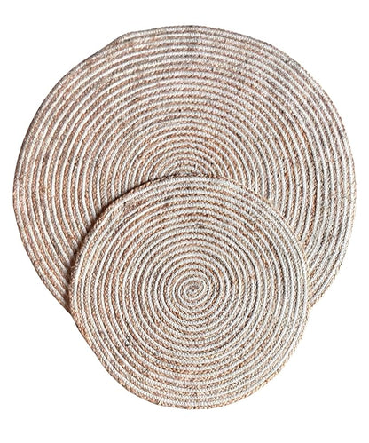 Handwoven Cotton & Jute Round Place Mat | Ivory White Spiral Table Mat | Boho Scandi Dining Décor | Set of 2