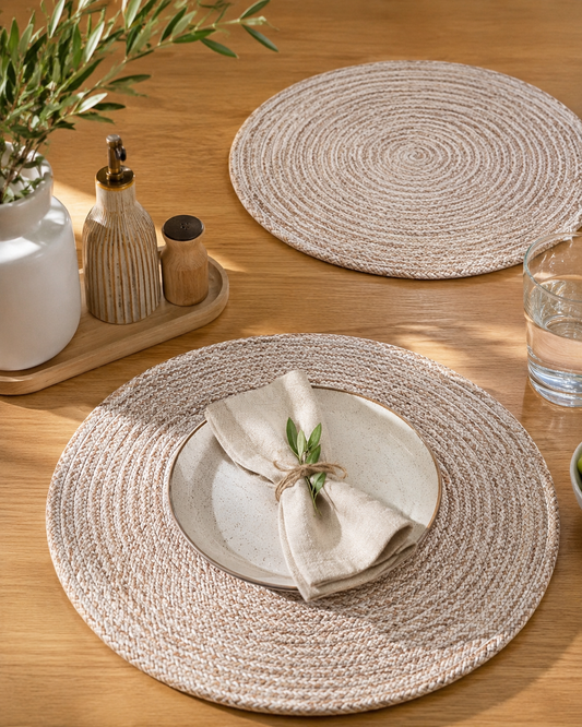 Handwoven Cotton & Jute Round Place Mat | Ivory White Spiral Table Mat | Boho Scandi Dining Décor | Set of 2