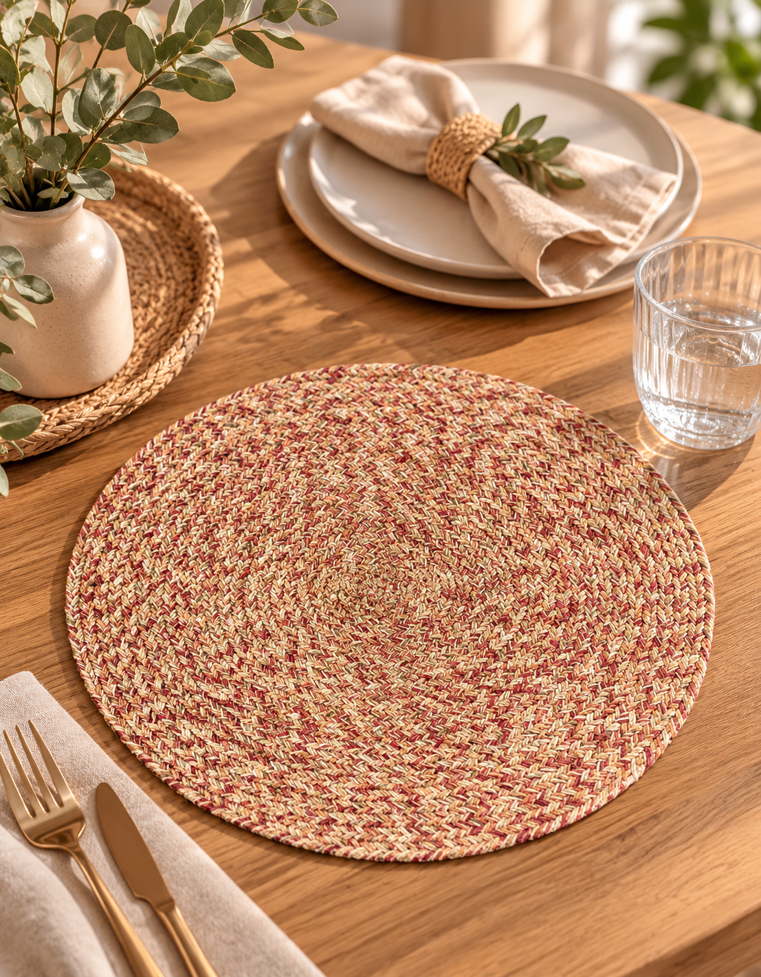 Handwoven Cotton & Jute Round Place Mat | Braided Multicolour Table Mat | Rust Red & Natural | Boho Farmhouse Dining Décor | Set of 2