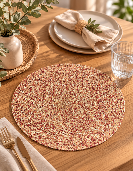 Handwoven Cotton & Jute Round Place Mat | Braided Multicolour Table Mat | Rust Red & Natural | Boho Farmhouse Dining Décor | Set of 2