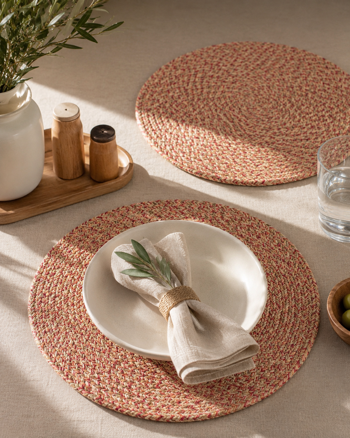 Handwoven Cotton & Jute Round Place Mat | Braided Multicolour Table Mat | Rust Red & Natural | Boho Farmhouse Dining Décor | Set of 2