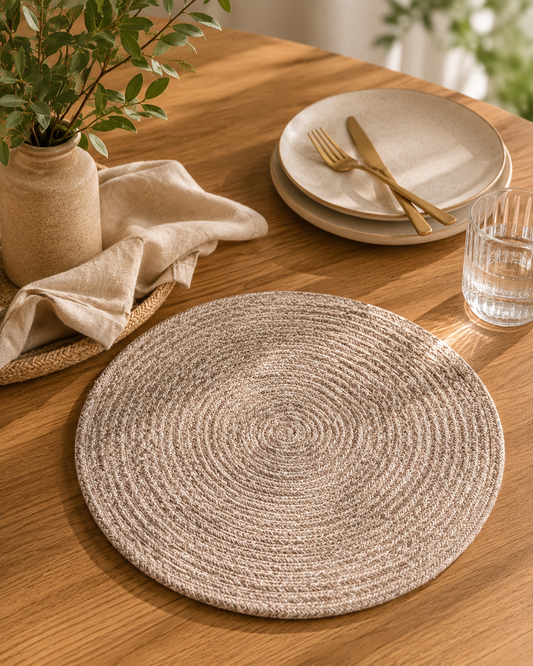 Handwoven Cotton & Jute Round Place Mat | Herringbone Braided Table Mat | Greige Natural Tone | Minimalist Boho Dining Décor | Set of 2