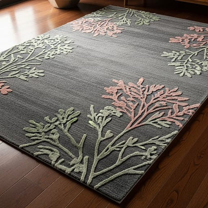 Coral Bloom Handwoven Rug – Charcoal Grey with Blush & Sage Accents