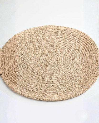 Handwoven Cotton & Jute Round Place Mat | Herringbone Braided Table Mat | Greige Natural Tone | Minimalist Boho Dining Décor | Set of 2