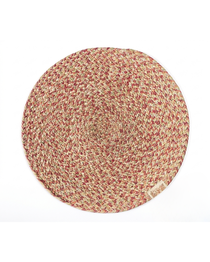 Handwoven Cotton & Jute Round Place Mat | Braided Multicolour Table Mat | Rust Red & Natural | Boho Farmhouse Dining Décor | Set of 2