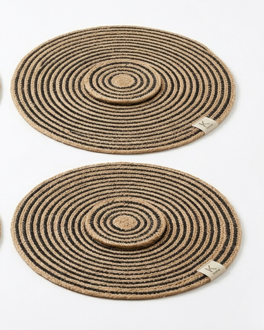 Handwoven Jute Oval Place Mat | Spiral Stripe Table Mat | Natural & Black | Boho Dining Décor | Set of 2