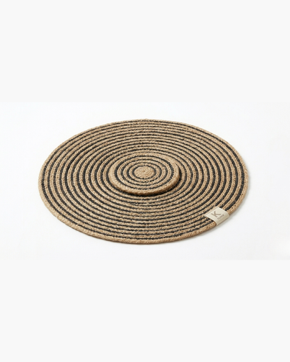 Handwoven Jute Oval Place Mat | Spiral Stripe Table Mat | Natural & Black | Boho Dining Décor | Set of 2