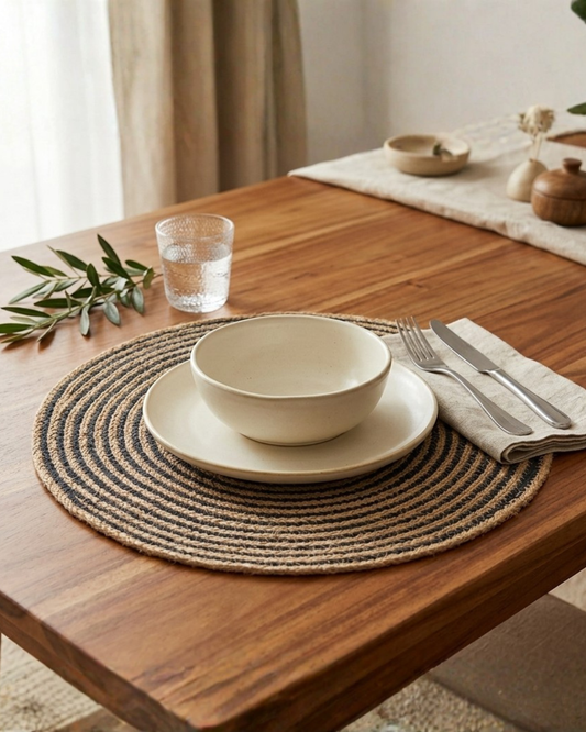 Handwoven Jute Oval Place Mat | Spiral Stripe Table Mat | Natural & Black | Boho Dining Décor | Set of 2