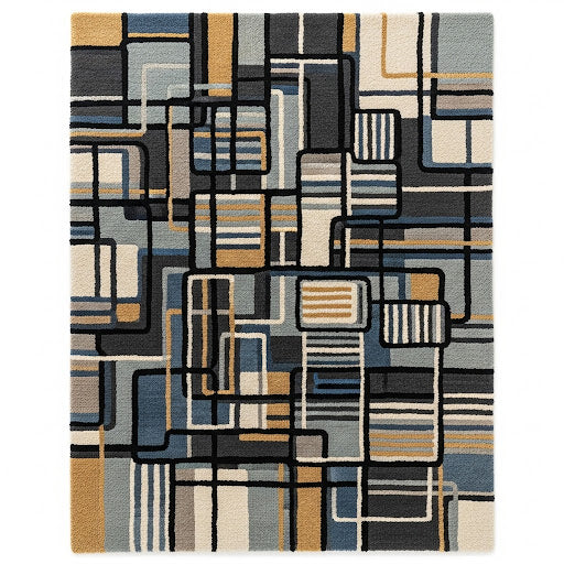 Geometric Handtufted Woollen Rug | Blue & Mustard Modern Pattern