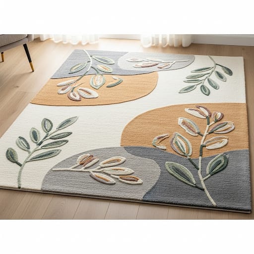 Botanical Handtufted Woollen Rug | Cream, Orange, Charcoal and Green