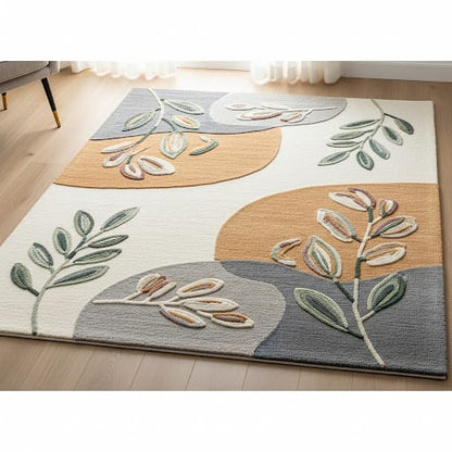 Botanical Handtufted Woollen Rug | Cream, Orange, Charcoal and Green
