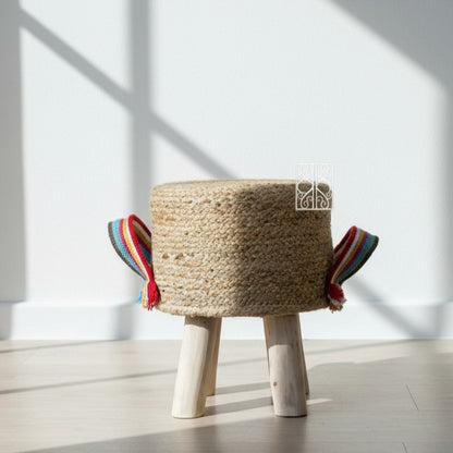 Jute pouffe | Jute stool with cute rainbow handles