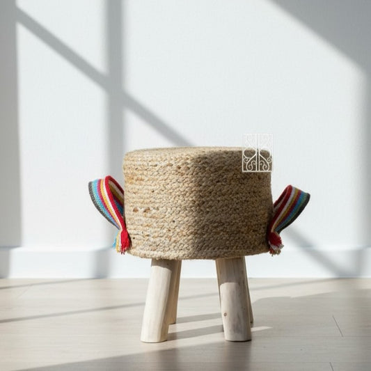 Jute pouffe | Jute stool with cute rainbow handles