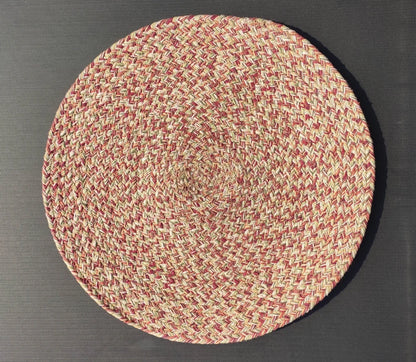 Handwoven Cotton & Jute Round Place Mat | Braided Multicolour Table Mat | Rust Red & Natural | Boho Farmhouse Dining Décor | Set of 2