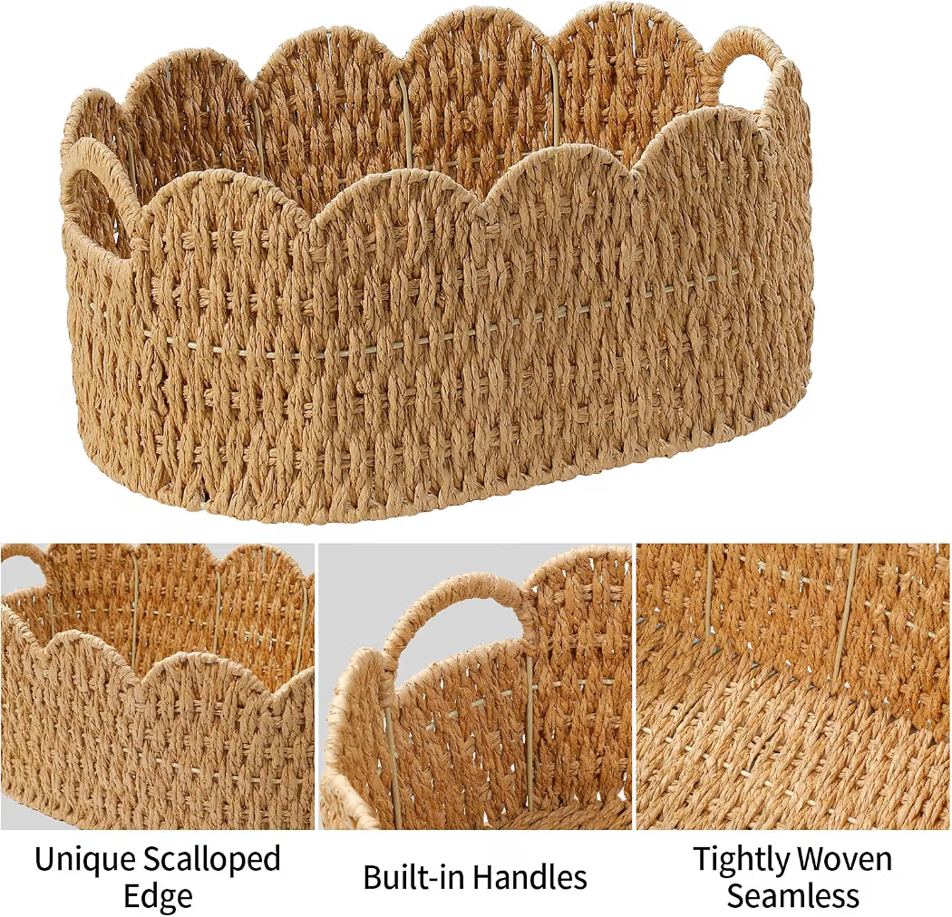 Scalloped Wicker Storage Baskets – Set of 2 Woven Storage Baskets with Handles