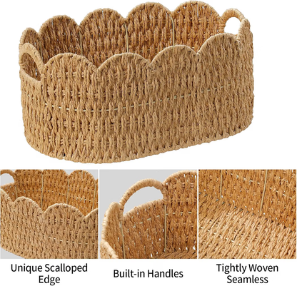 Scalloped Wicker Storage Baskets – Set of 2 Woven Storage Baskets with Handles