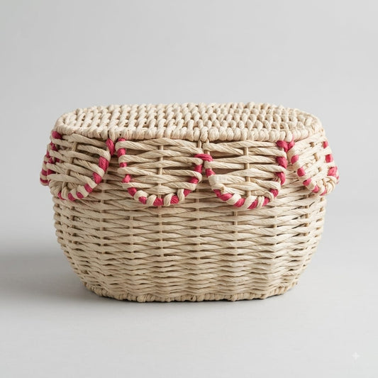 Woven Wicker Storage Baskets with Lid – Set of 2 Scalloped Trim Baskets