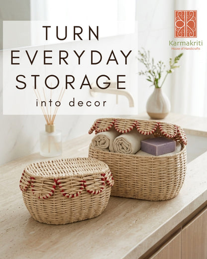 Woven Wicker Storage Baskets with Lid – Set of 2 Scalloped Trim Baskets
