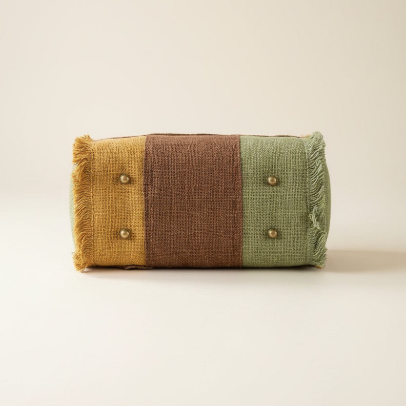 Sage Green & Mustard Jute Colorblock Tote Bag – Handwoven Fringe Bag with Leather Handles | Boho Statement Tote