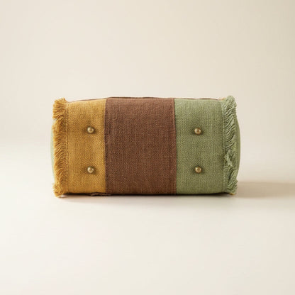Sage Green & Mustard Jute Colorblock Tote Bag – Handwoven Fringe Bag with Leather Handles | Boho Statement Tote