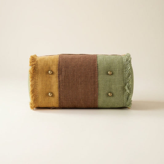 Sage Green & Mustard Jute Colorblock Tote Bag – Handwoven Fringe Bag with Leather Handles | Boho Statement Tote