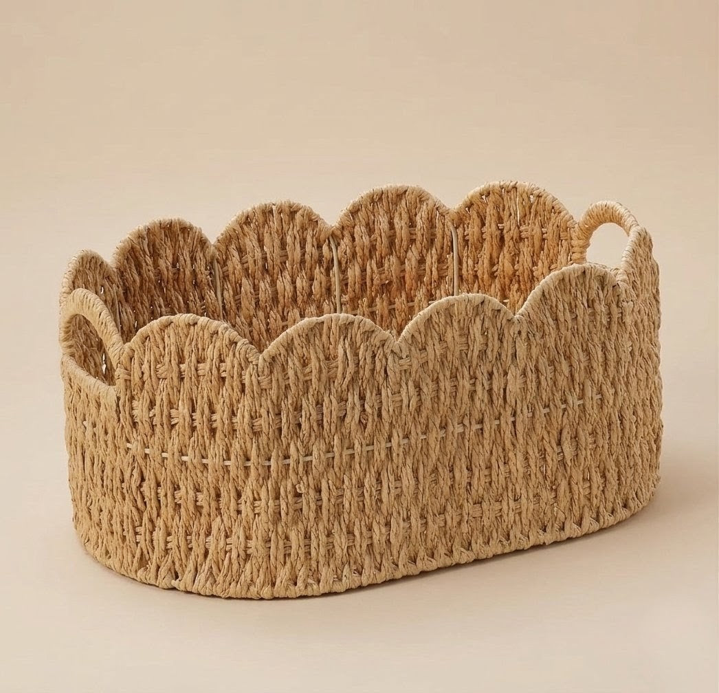 Scalloped Wicker Storage Baskets – Set of 2 Woven Storage Baskets with Handles