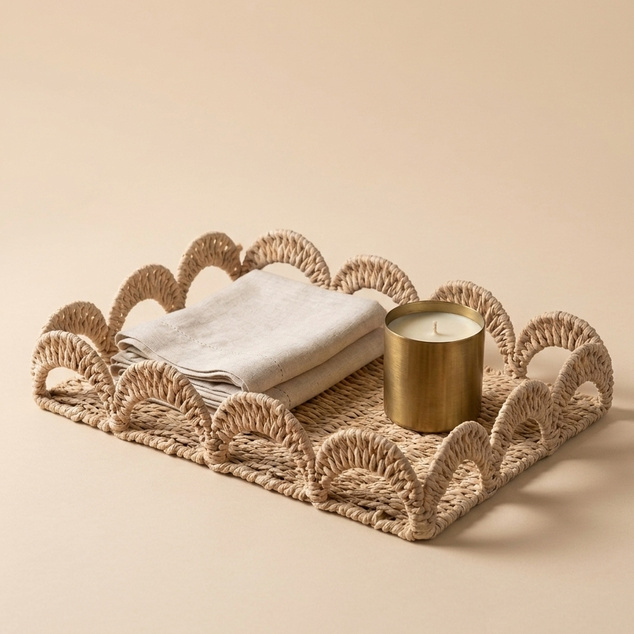 Woven Scalloped Storage Tray – Handwoven Paper Rope Decorative Basket (Set of 3)
