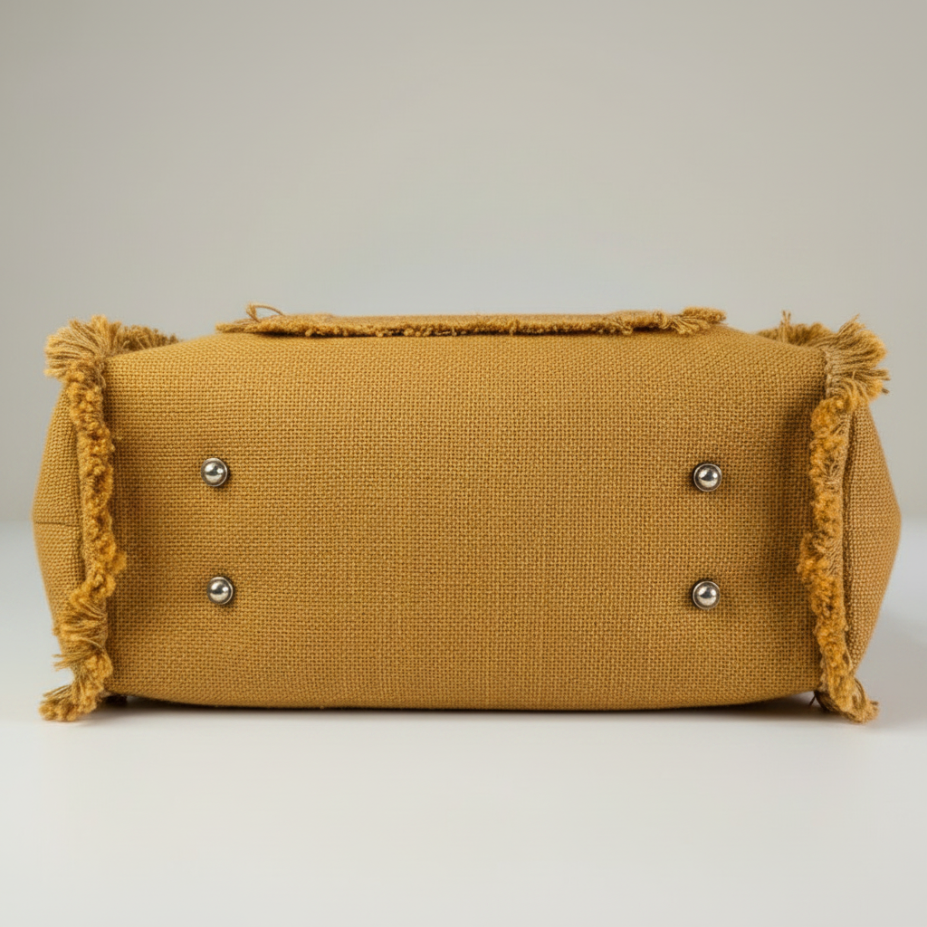 Mustard Gold Jute Fringe Tote Bag – Handwoven Boho Shoulder Bag with Leather Handles | Sustainable Everyday Tote
