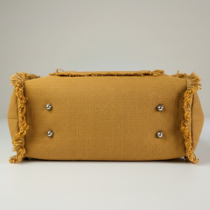 Mustard Gold Jute Fringe Tote Bag – Handwoven Boho Shoulder Bag with Leather Handles | Sustainable Everyday Tote