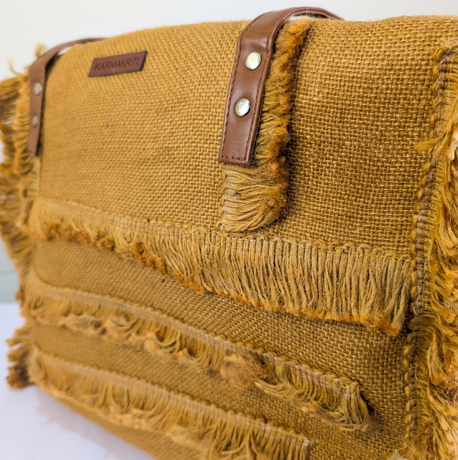 Mustard Gold Jute Fringe Tote Bag – Handwoven Boho Shoulder Bag with Leather Handles | Sustainable Everyday Tote