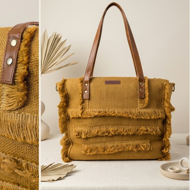 Mustard Gold Jute Fringe Tote Bag – Handwoven Boho Shoulder Bag with Leather Handles | Sustainable Everyday Tote